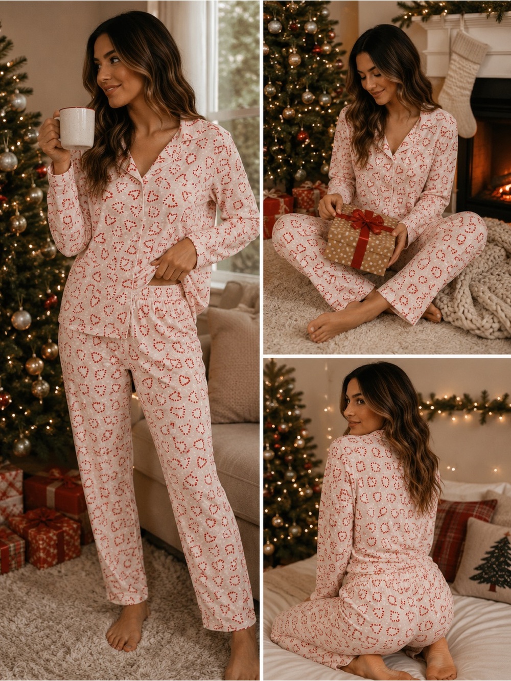 Women's Pink Heart-Print Long-Sleeve Pajama Set